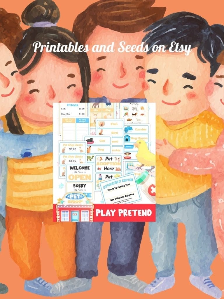 Four illustrated children stand together, smiling and hugging, holding a sign advertising printable pretend play pet shop materials from an Etsy shop called Printables and Seeds.