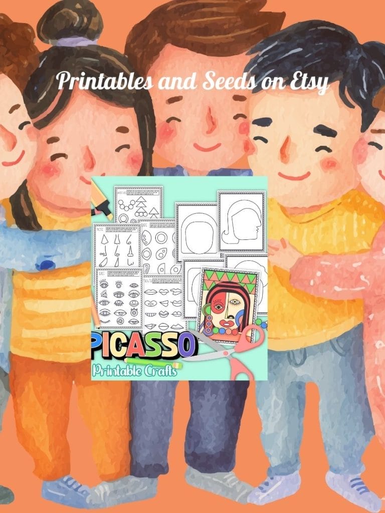Four illustrated children stand together smiling, behind a digital collage of printable Picasso-themed craft sheets and facial feature templates. Text reads "Printables and Seeds on Etsy.