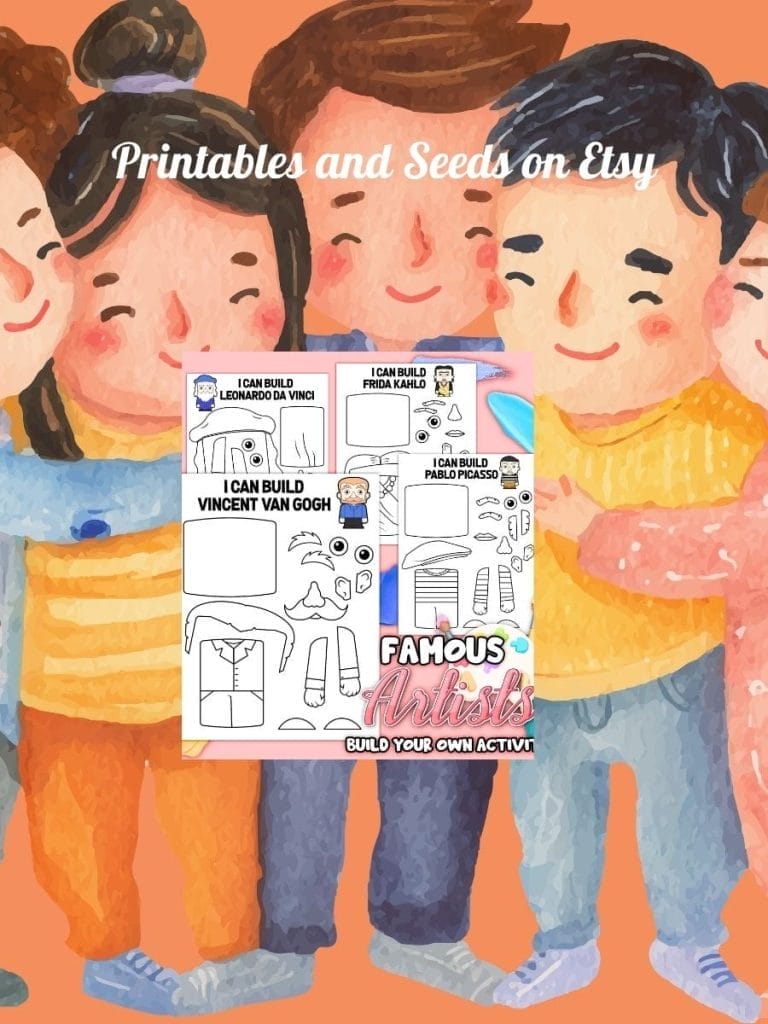 Three smiling children stand together in the background, with a printable activity sheet about famous artists displayed in the center foreground. Text reads "Printables and Seeds on Etsy.