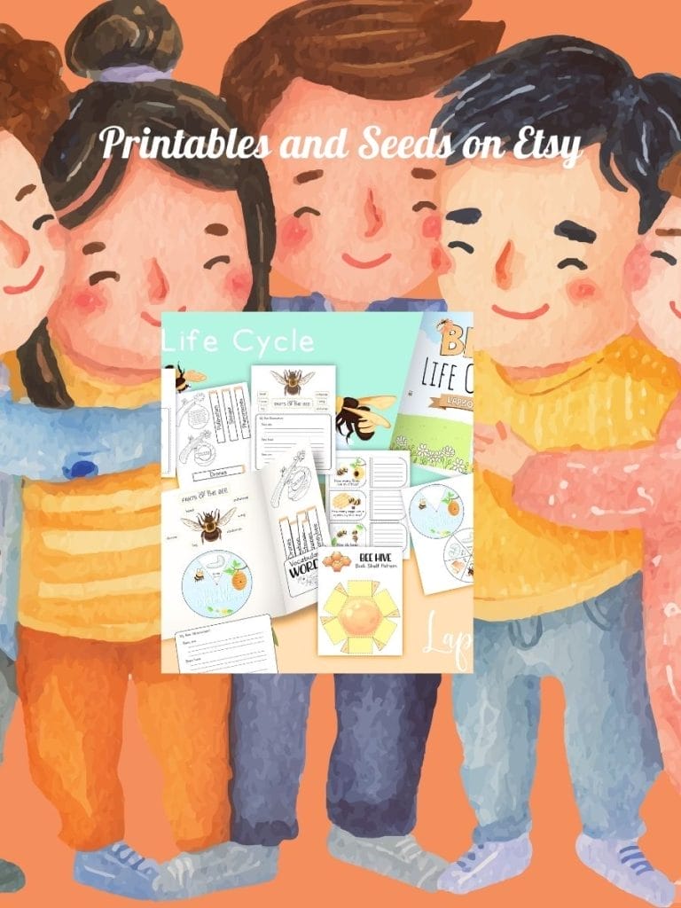 Four smiling children stand together, arms around each other. In front, a collage displays educational bee life cycle printables with drawings, diagrams, and worksheets. Text reads: "Printables and Seeds on Etsy.