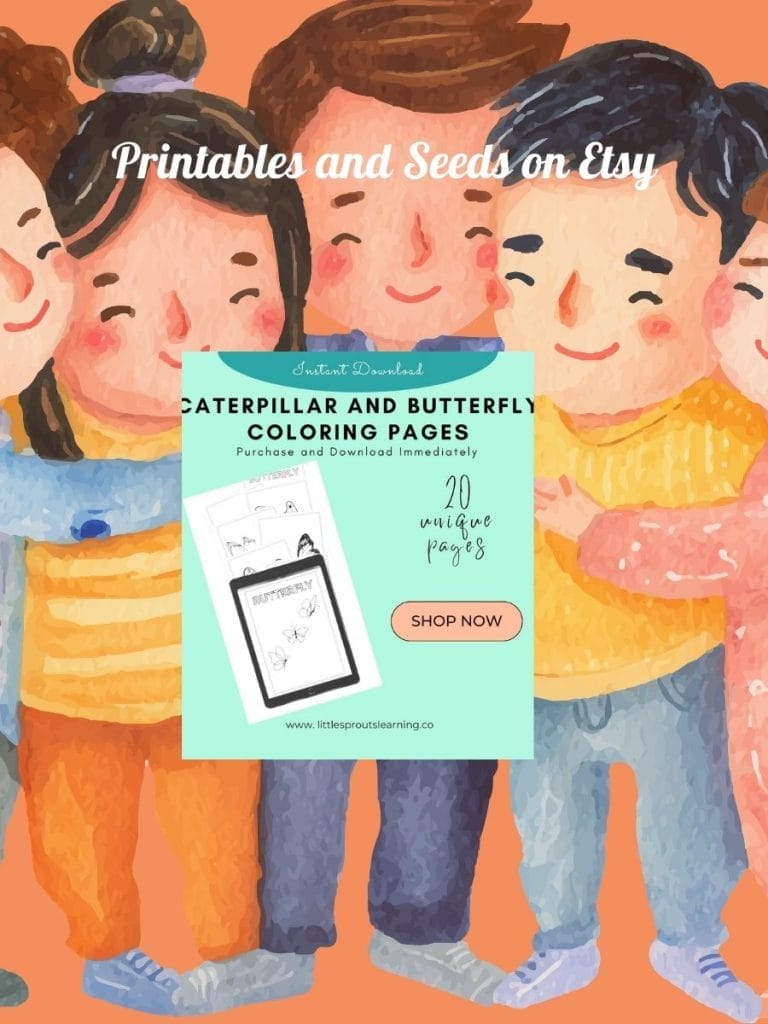 Four smiling children stand close together in an illustration. A promotional box advertises printable caterpillar and butterfly coloring pages available for instant download on Etsy.