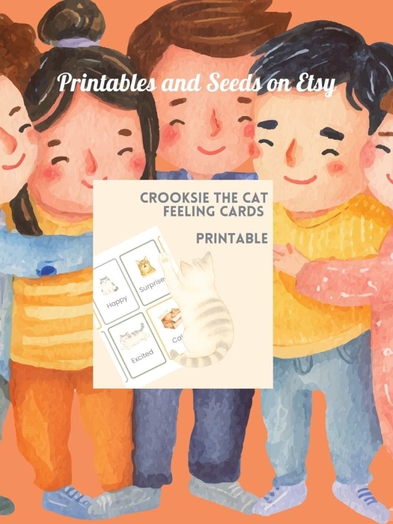 Four illustrated children stand together smiling, behind a centered image of "Crooksie the Cat Feeling Cards Printable" with a cat illustration and emotion cards. Text reads "Printables and Seeds on Etsy.