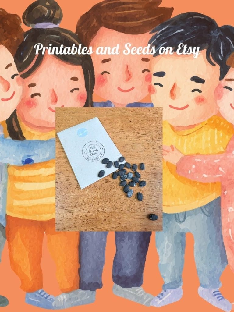 Envelope labeled "Etsy Seeds" with scattered seeds on a wooden surface, overlaid on an illustration of four smiling children standing together. Text reads: "Printables and Seeds on Etsy.