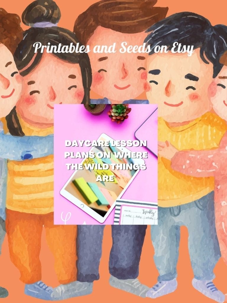 Four illustrated children stand together smiling; over them is text reading "Printables and Seeds on Etsy." Centered is a graphic about daycare lesson plans, partially covering the children.