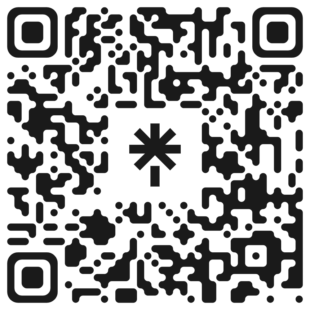 A black and white QR code with an asterisk symbol in the center on a plain light background.